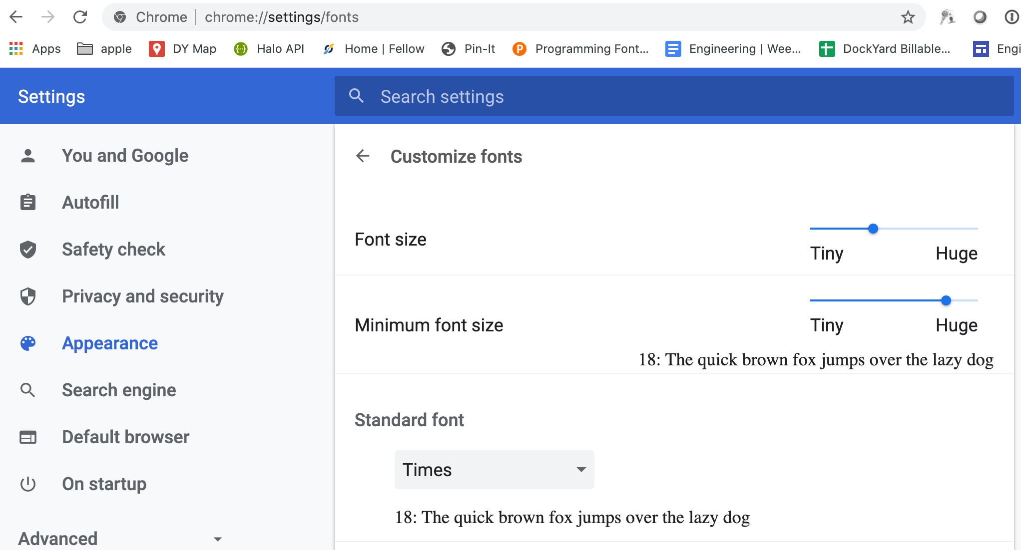 chrome preferences screen showing the text size configuration