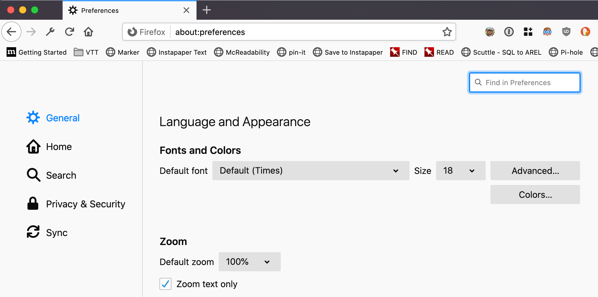 firefox preferences screen showing the text size configuration