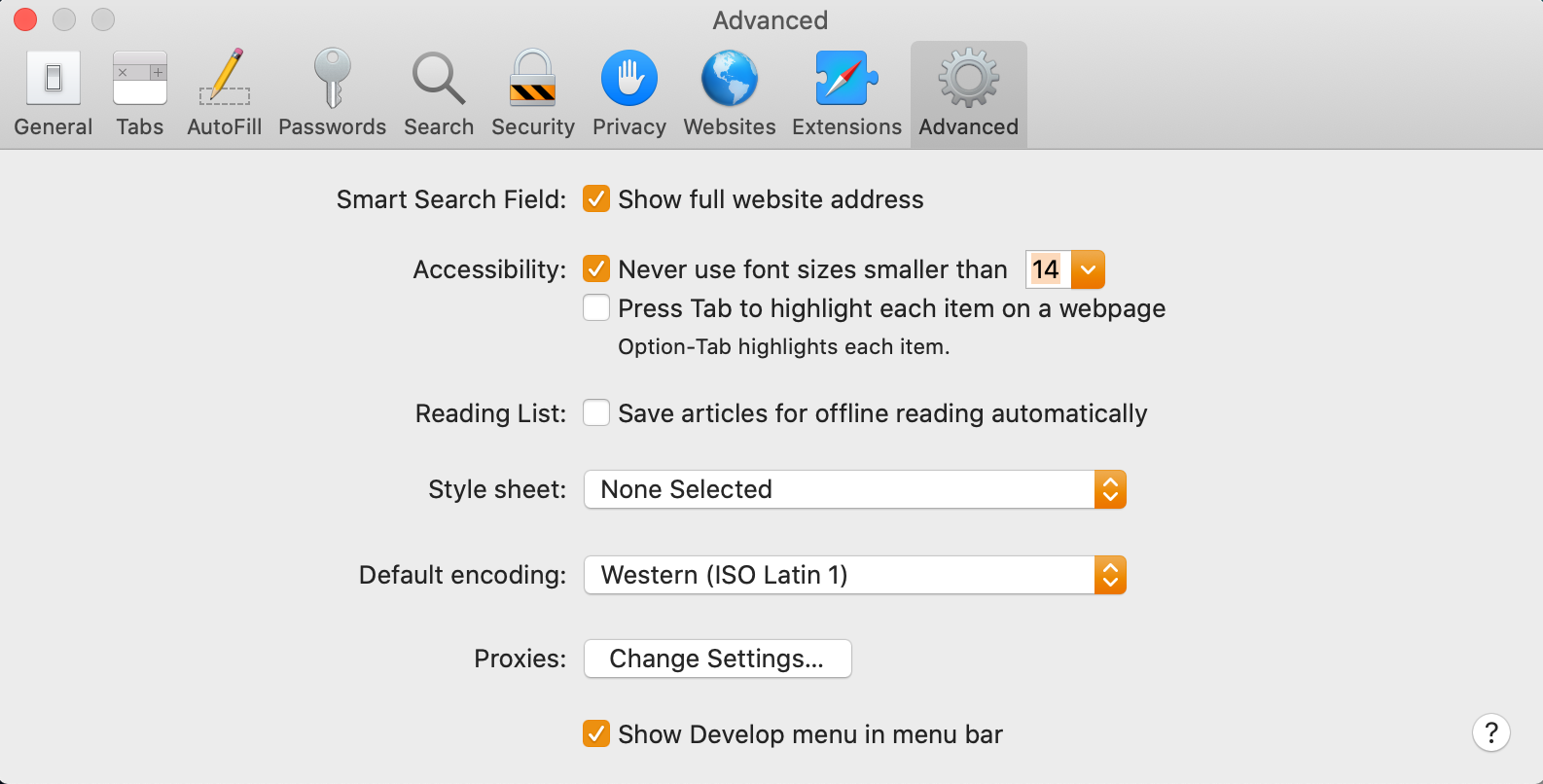 safari preferences screen showing the minimum text size configuration