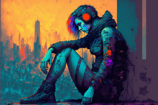 a depressed looking woman in blue. a vibrant read headphone purple and read hair, leaning against an abstract blue and purple wall, with hints of skyscrapers and dense city in the distance. the city is shades of blue with a vibrant orang sunset that dramatically contrasts with the blue lit woman