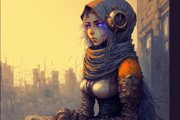 anime hijab girl with neon purple eyes. a grey blue hijab, a red left shoulder with swirly black patterning, and some interesting leather full-arm gloves. she has a bronze circular thing over her ear area