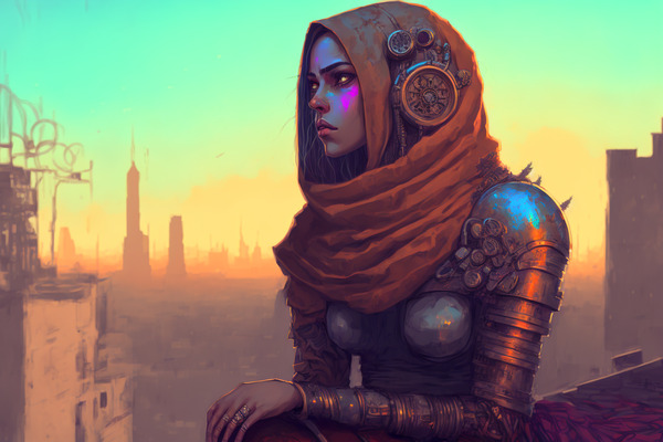 a woman in plate mail armor with a red hijab and vibrant purple cheekbone highlights