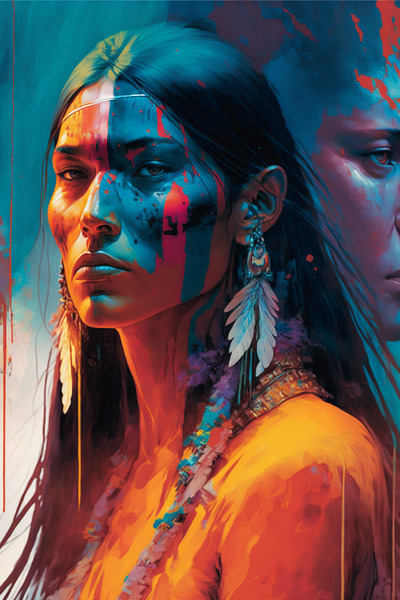 a strong androgynous native american with dangling earrings and bright, unrelastic colors.