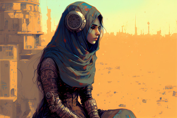 eyes closed, she looks she faces to the right and wears and dark blue-grey hijab with hints of color. Her arms are covered with banded material that's hard to pin down. you can see the hint of a skirt over her legs that matches her hijab. there is a large, ornate metal ear covering over the hijab