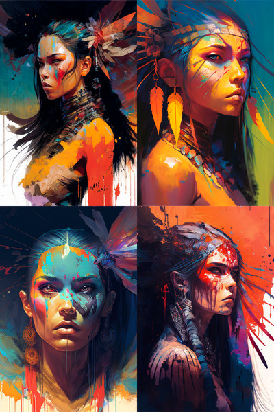four images of native american woman with stern looks, painted in dramatic and unrealistic colors.