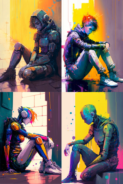 four images of very human looking depressed androids in bright colors