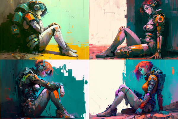 four images of depressed cyborg women slumped against walls