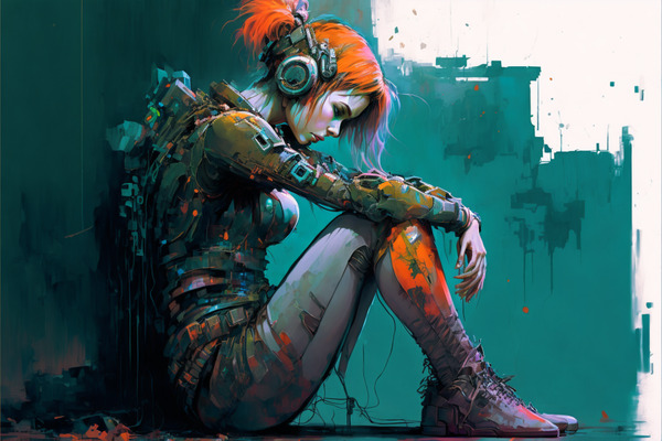 a smooth faced cyborg woman with bright orange hair and some sort of audio aparatus around her ears and the back of her head. the color is dramatic and abstract but slightly muted