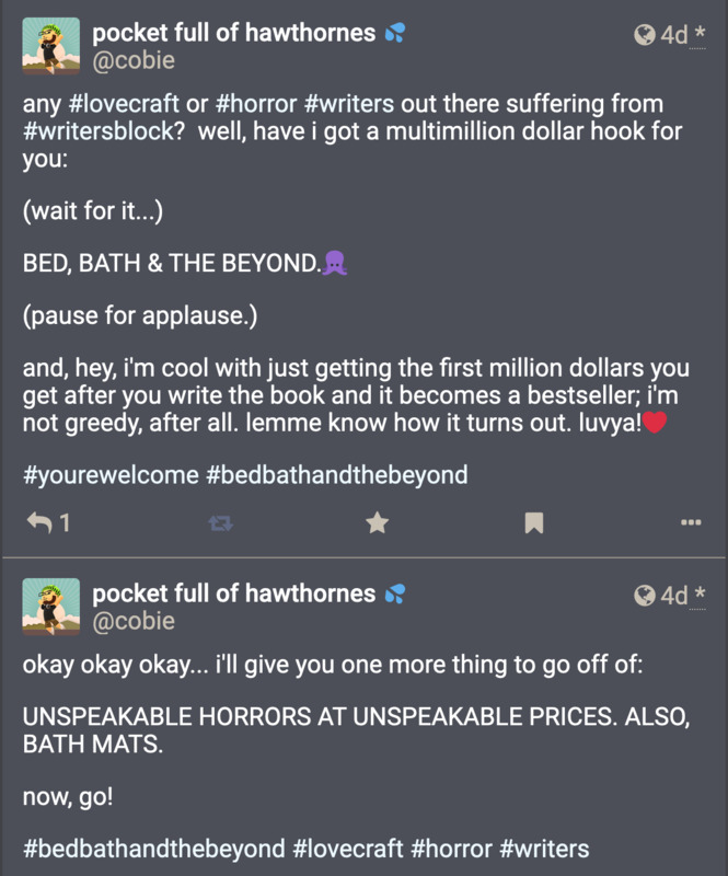 mastodon post suggesting 'bed bath and the beyond' as a hook for horror writers