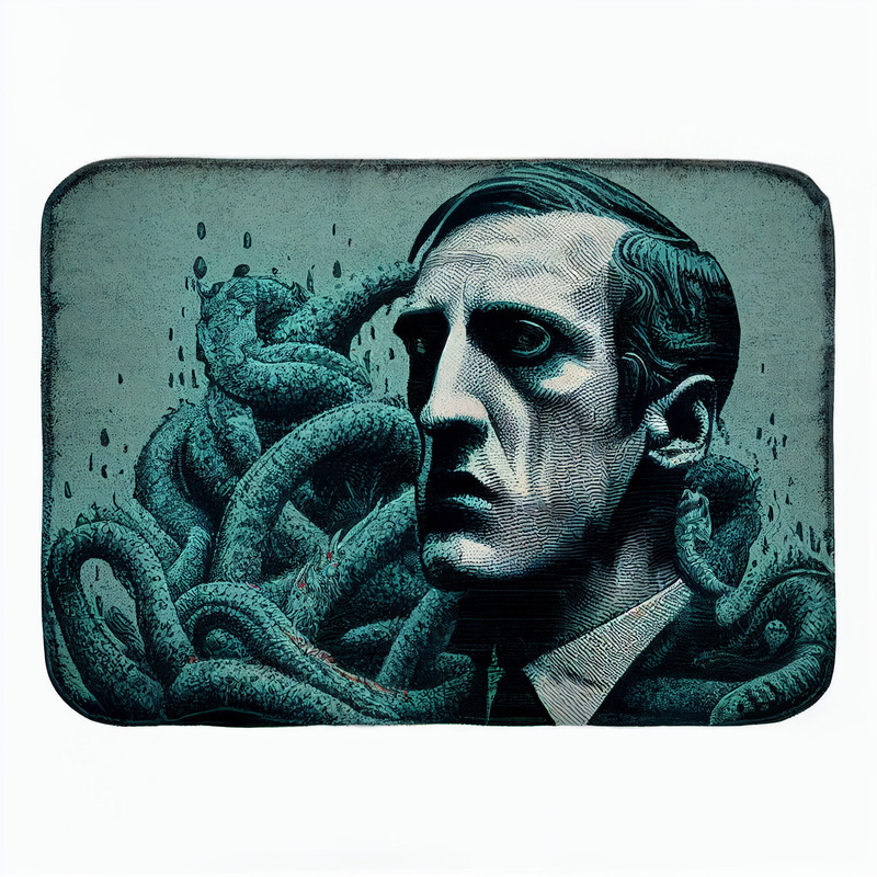 the first 'real' bath mat. an woodcut style image of lovecraft with writhing tentacles behind him