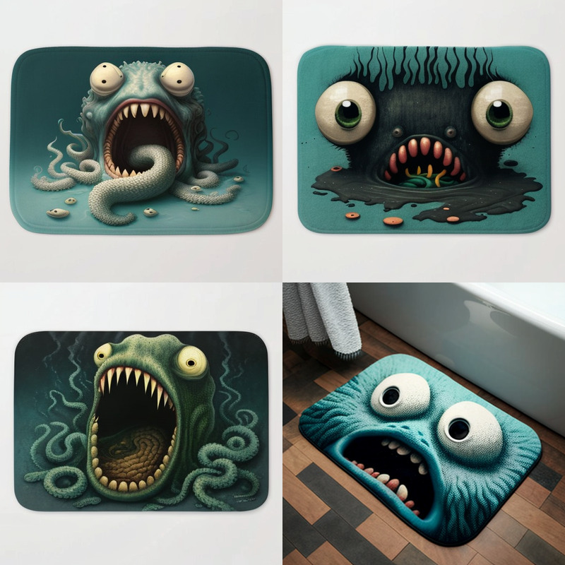 four bath mats with toothy monsters on them. most have tentacles. one is a terrified blue face