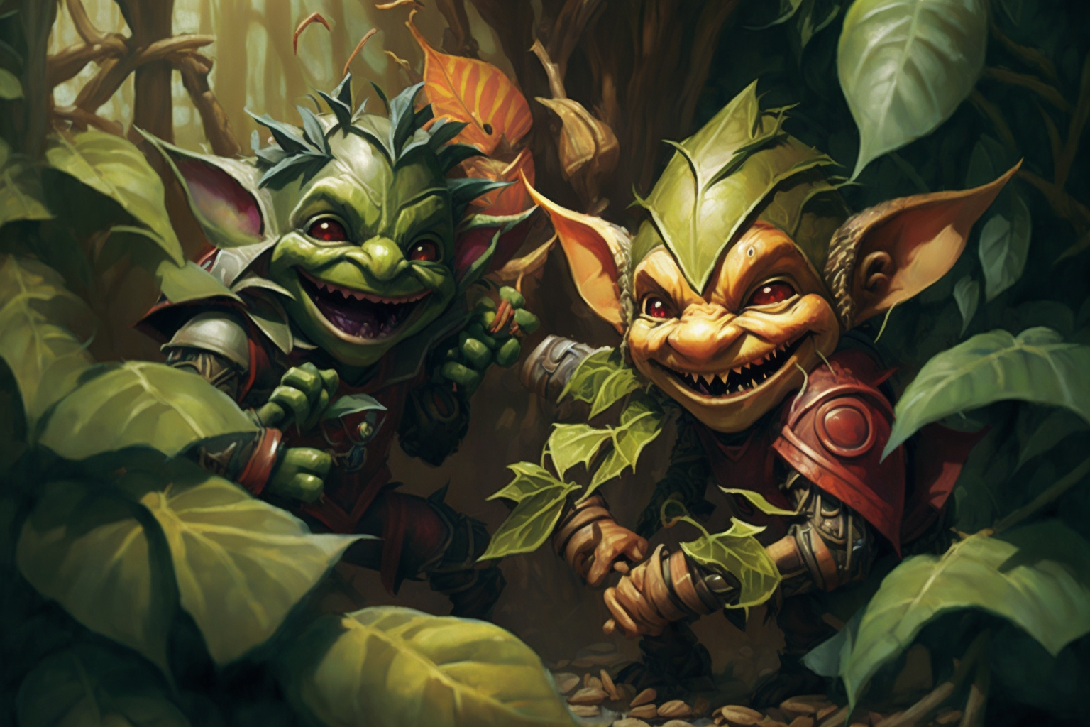A couple goblins with sharp pointy teeth, wearing leafy camoflage, and hiding amongst leaves as they laugh.