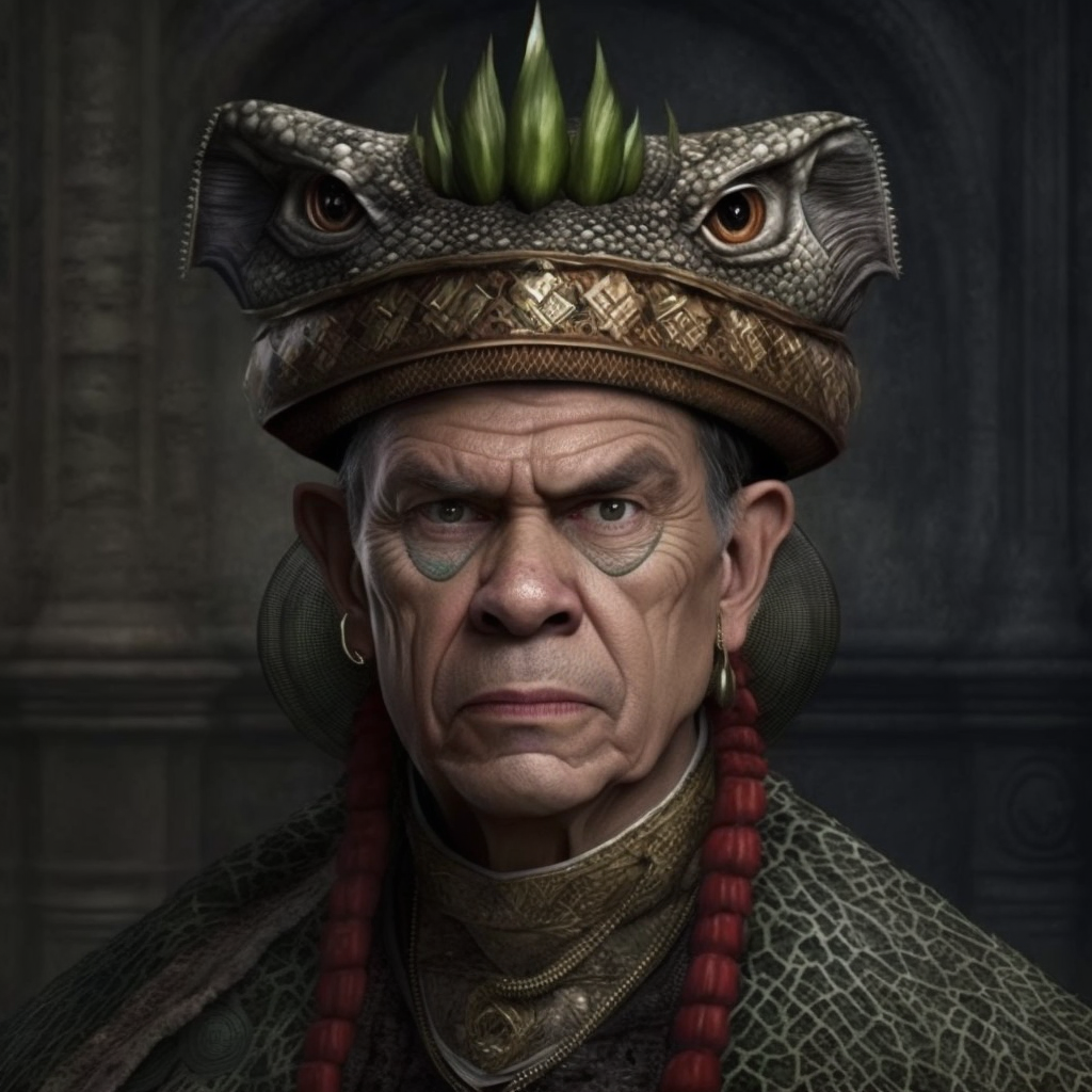 A somewhat stern looking man in a ridiculous reptilian headdress that looks more like a toad's head than a crocodile's.