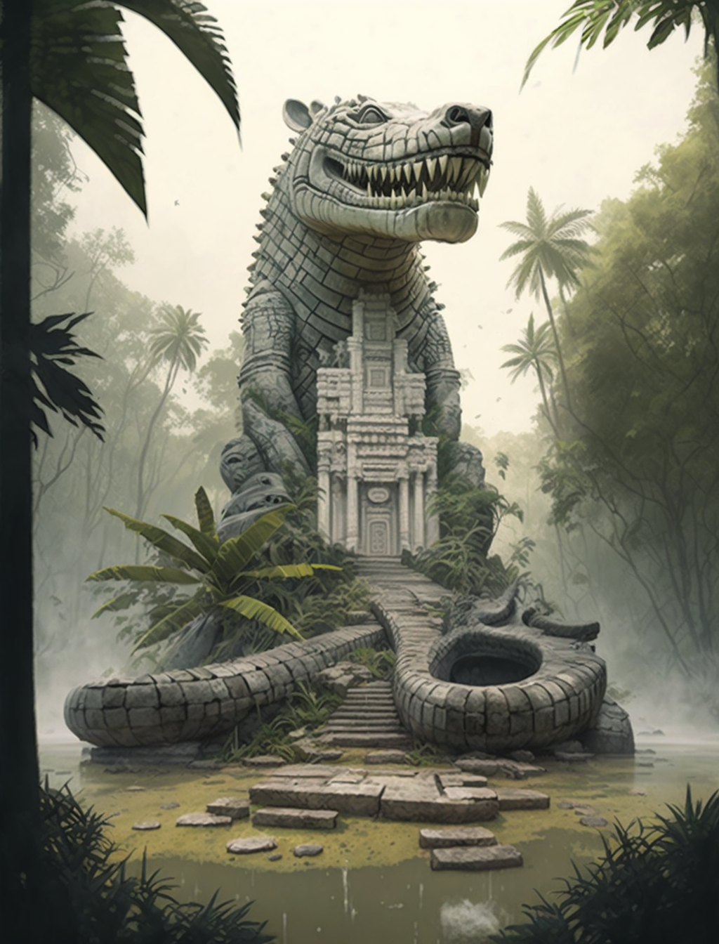 An illustration of a massive stone crocodile with a somewhat doglike head, sitting upright, with an elaborate stone entryway with colums on either side. It is deep in a swamp of still water and palmlike leaves.