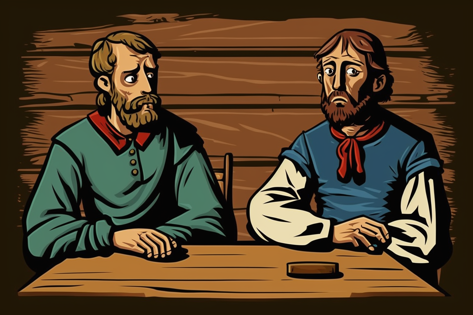 two confused looking men in medieval peasant garb sit at a wooden table in front of a wooden wall