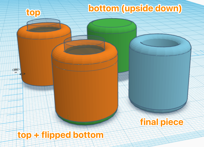 the top and bottom pieces decribed above. The bottom flipped, and combined with the top. Then all the pieces, including the hole, combined to make a cylindrical vase with rounded edges.