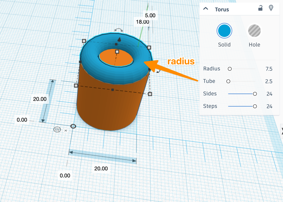 a torus on top of a cylinder. There is an annotation indicating that the slider marked tube is actually the radius of the curved cylinder that makes up a torus.