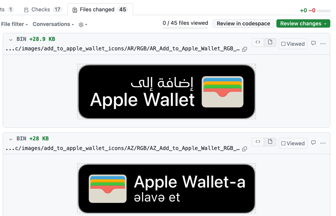 a screenshot of a github pr with multiple apple wallet images