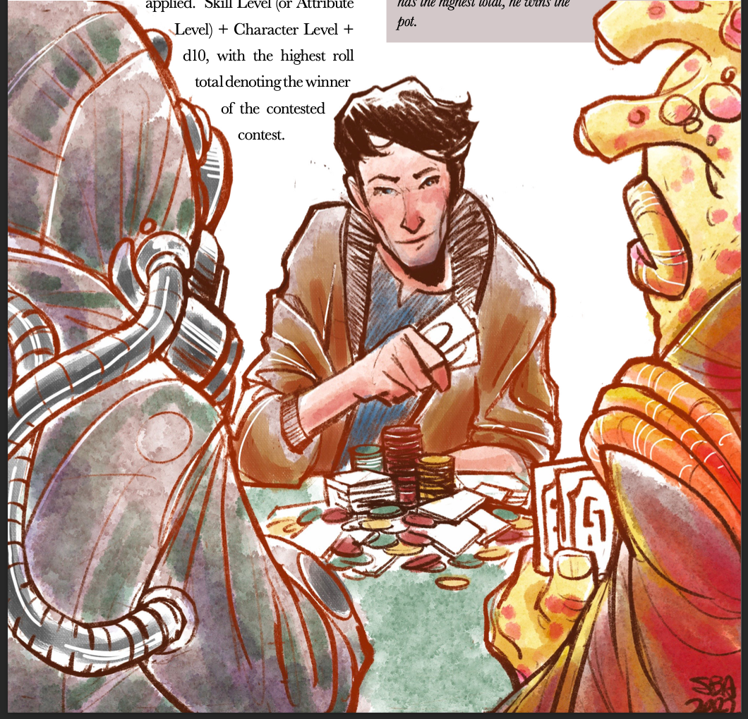 a close up of a man at a card table holding 2 cards in his hand. he's wearing a coat, and a t-shirt. There is absolutely nothing sexual about this depiction of him. The camera looks from between the shoulders of two aliens that are also, not even remotely sexualized.