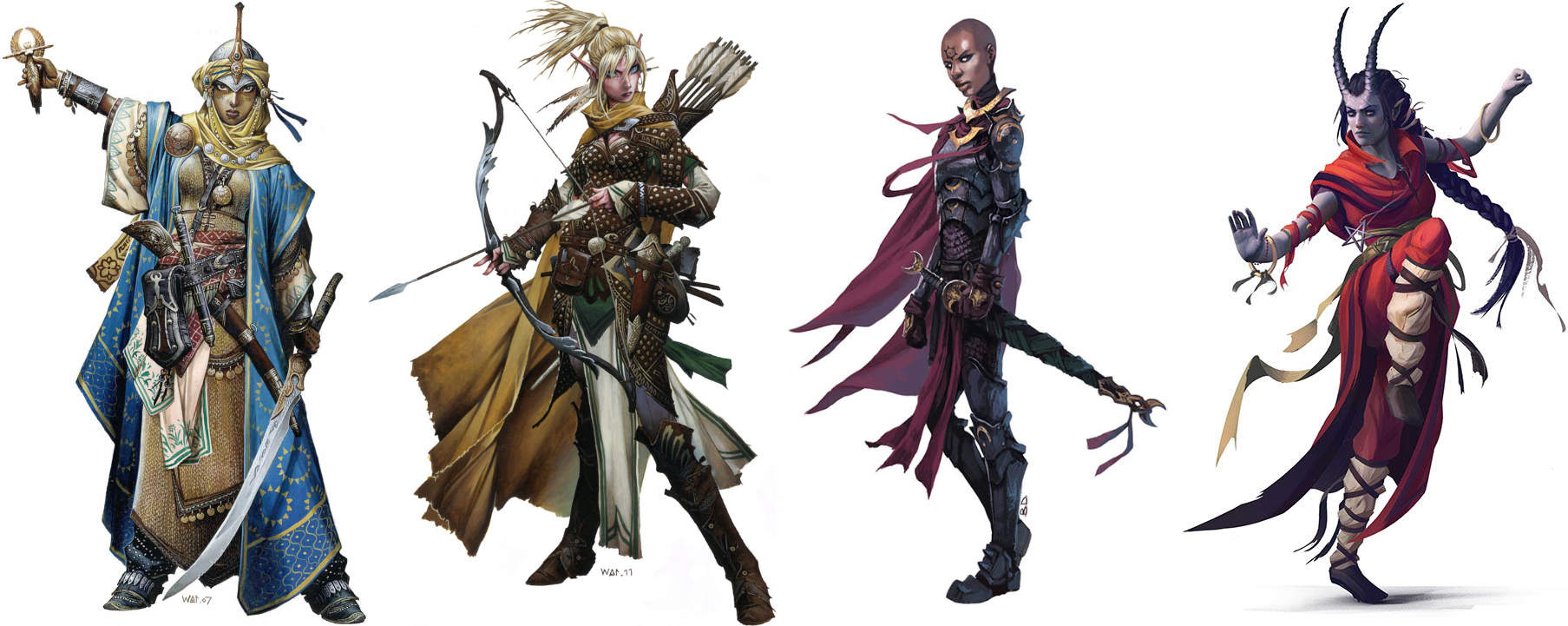 4 illustrations of women from paizo. the first is a cleric wering many robes, carring a scimatar, and a holy symbol. The only skin you can see is her face and hands. You can see the shape of breasts, but they are in no way emphasized. The second is a ranger wearing studded leather armor and holding a bow. The visible skin is on face, and hands, as well as a tiny bit of chest skin but no cleavage is visible, and the breats aren't emphasized. The third is a person who is either female or non-binary, and completely covered in armor. They are staring daggers at the viewer. The fourth  is a tiefling. Their clothes are open at the chest but while they do show chest skin they stop before displaying cleavage. The skin of their arms and face is visible and they are holding a martial arts pose with both arms and one leg raised.