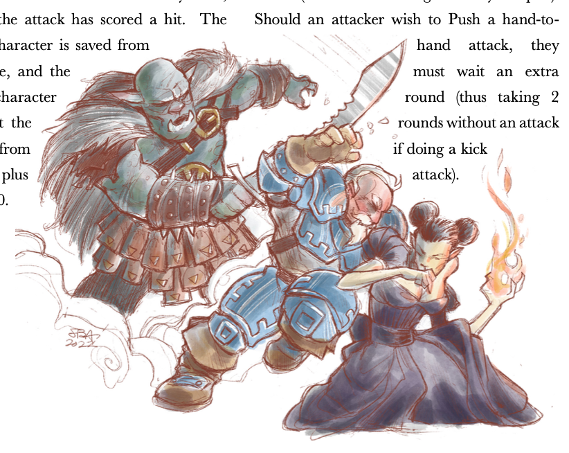 a woman in a victorian dress crouches with a magical flame in her hand. Her back is to a large orc who is swinging a sword at her, but a man in armor has jumped in to take the blow instead.