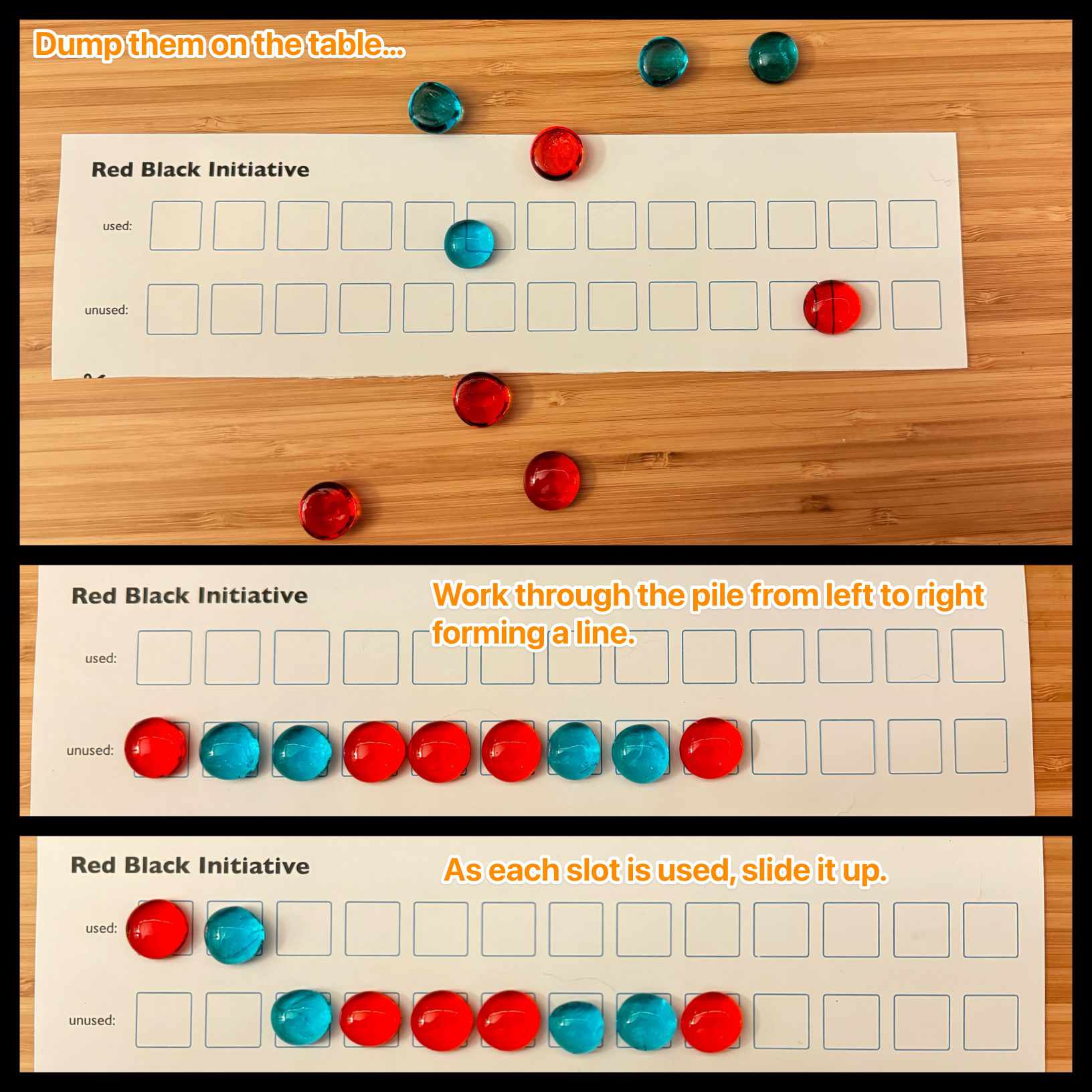 an annotated triptic showing two colors of glass beads spread across the worksheet, the beads ordered into a line, and then the first two beads having been slid up into a different row than the original line of beads.