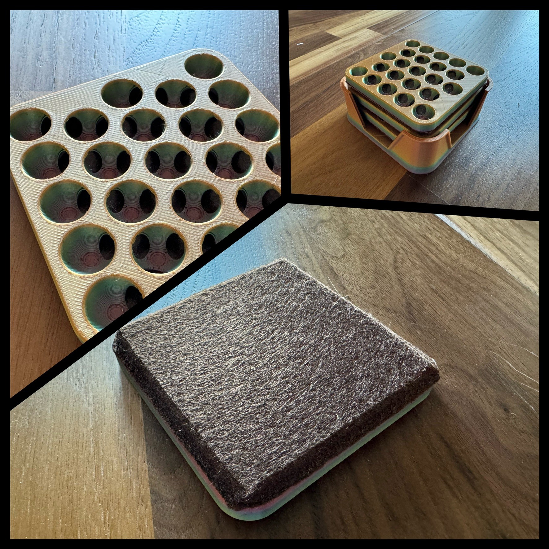 three photos showing square coasters with holes in them in a pattern similar to the MacPro. Top left is a top view. Top right is a side view of three of them in a holder. Beneath each you can see a brown line. In the bottom picture you can see the underside which is a thick piece of brown felt to keep them from scratching the table.