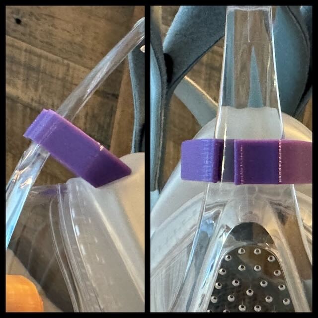 2 photos. on the left is a side view of a CPAP mask with a purple piece of plastic attached to a the bridge, and pressing in against the soft gasket that forms a seal around the users face. the second photo is a head-on shot of the same thing.