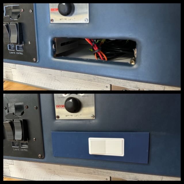 a horizontally split image. In the top you can see a hole in a blue vinyl surface with some wires behind it. There is a metal cover with a knob above it. To the left you can see the right side of a black plastic plate with large black toggle switches on it.