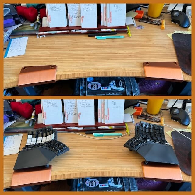an image divided horizontally showing two copper colored objects attached to a desk. there are two holes in the top. In the top image there is nothing in the holes. in the bottom image you can see each half of a split keyboard has been set into those holes.