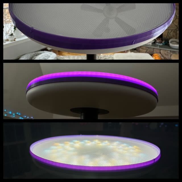 an image divided horizontally into 3 sections. it shows a lamp  with a purple ring between its top and bottom halves. the top image is looking at it from above with the light off. The middle image is looking at it from belowe with the light on. the purple ring is glowing. the bottom image is looking at it from above with the light on. you can see the LEDs behind the diffuser and the glowing purple edge of the replacement ring.