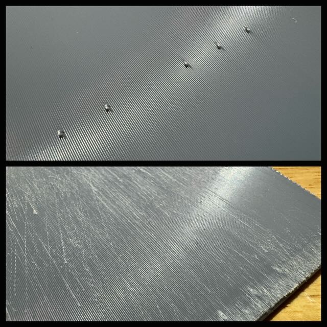 a 2 panel image showing a close-up of the sharp sprue remnants and what it looks like after sanding. there are very obvious scratches everywhere