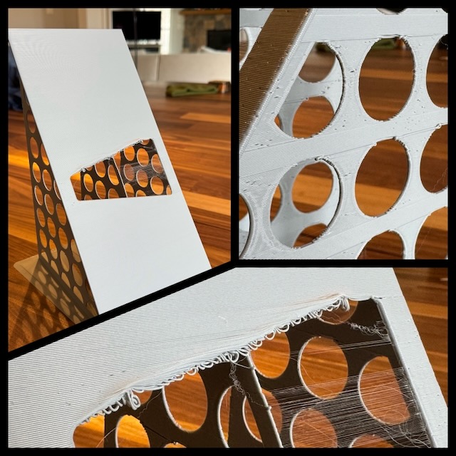 a 3 pane image. top left shows the full print. there's some minor stringing in the cutout, and tiny loops visible in its upper edge. the top right shows a close-up of the supports with holes cut out of them to save filament. they are nasty looking. little blips as if wet filament was used, and artifacts from too much motion. the bottom image shows a close-up of the upper edge of the cutout. The loops of dangling unsupported filament are obvious.