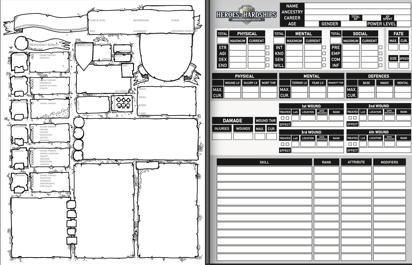 A side-by-side comparison of one of Dyson Logos's hand-drawn 5E character sheets and the official Heroes & Hardships character sheet. The former is infused with tons of character and visual hints about the type of game this is. The latter looks like a spreadsheet.