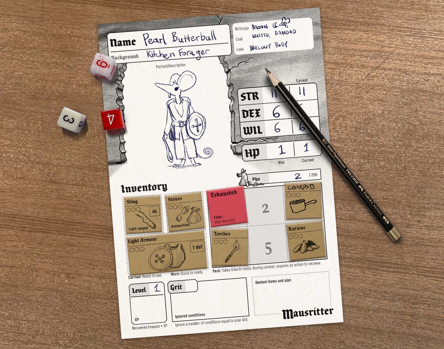 An image of a filled in Mausritter character sheet from the Mausritter web site