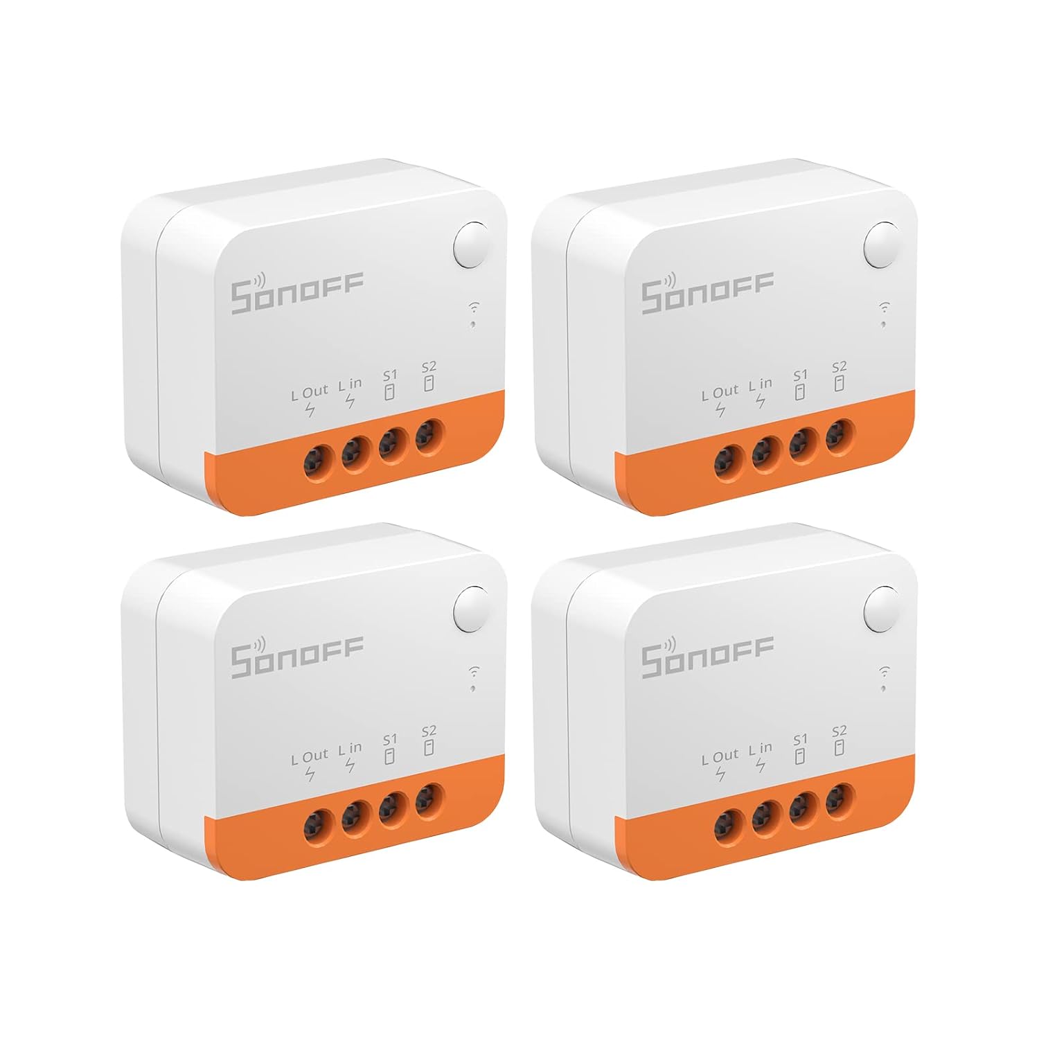 a photo of four small white plastic boxes with a white button, and an orange band across the bottom. There are four holes in the orange band where you wire it in between your switch and the wires coming from the wall.