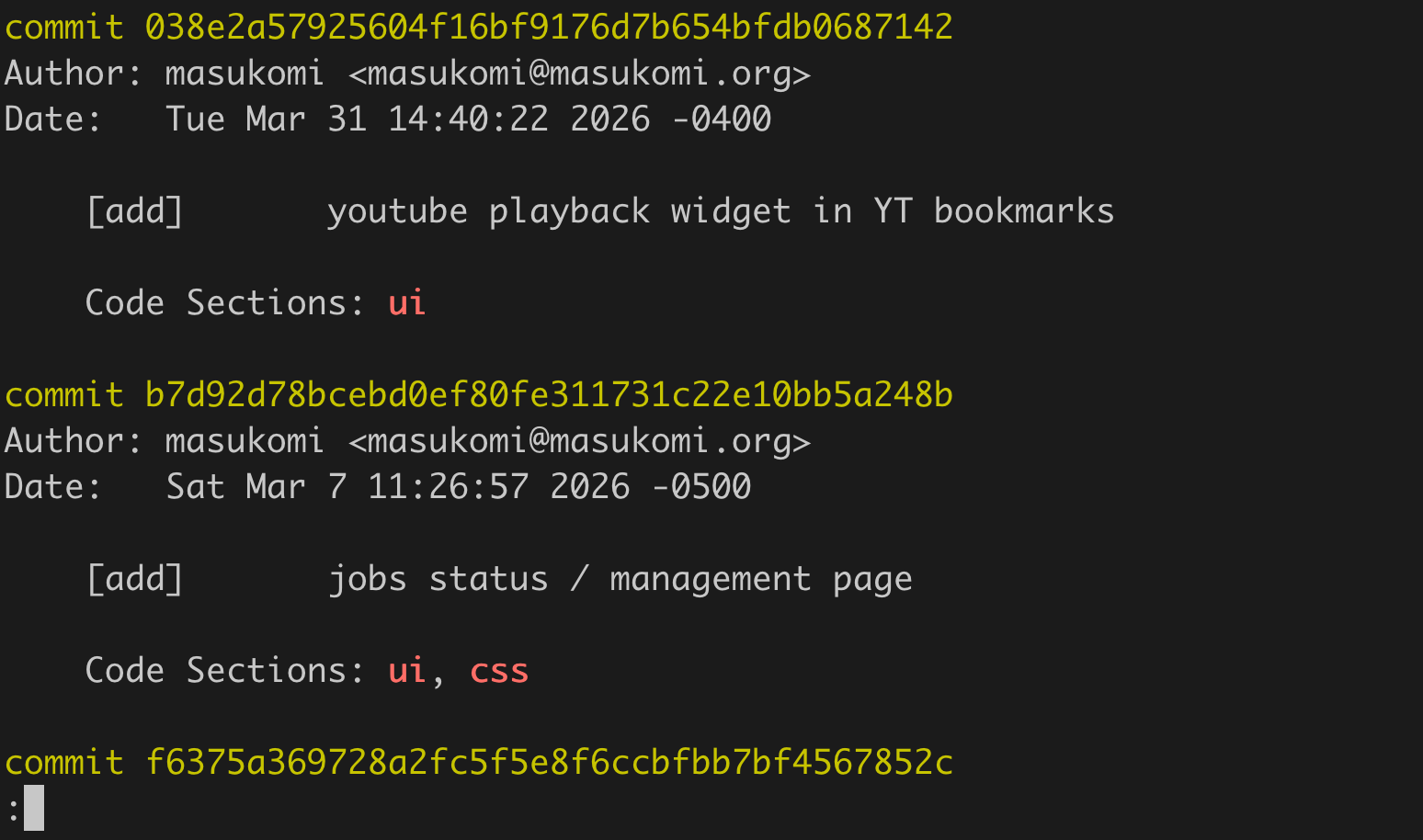 screenshot of two git log entries showing highlighted grep matches in the Code Sections line of each one.